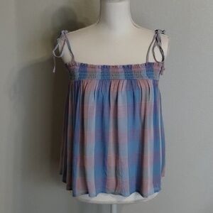 LOFT women's medium pastel blue pink tie shoulder tank top flowy smocked